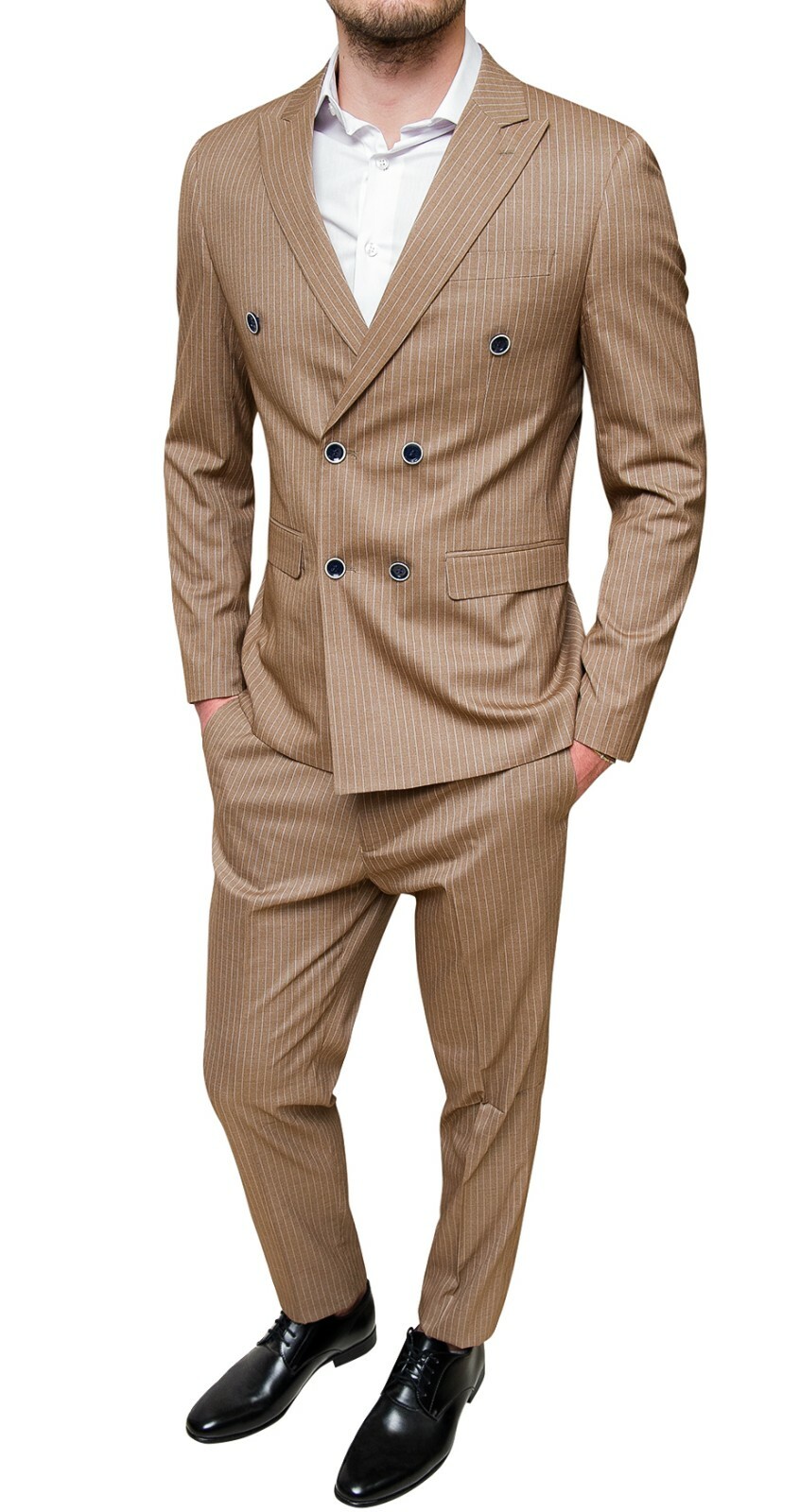 Abito uomo sartoriale marrone beige completo doppio petto gessato elegante